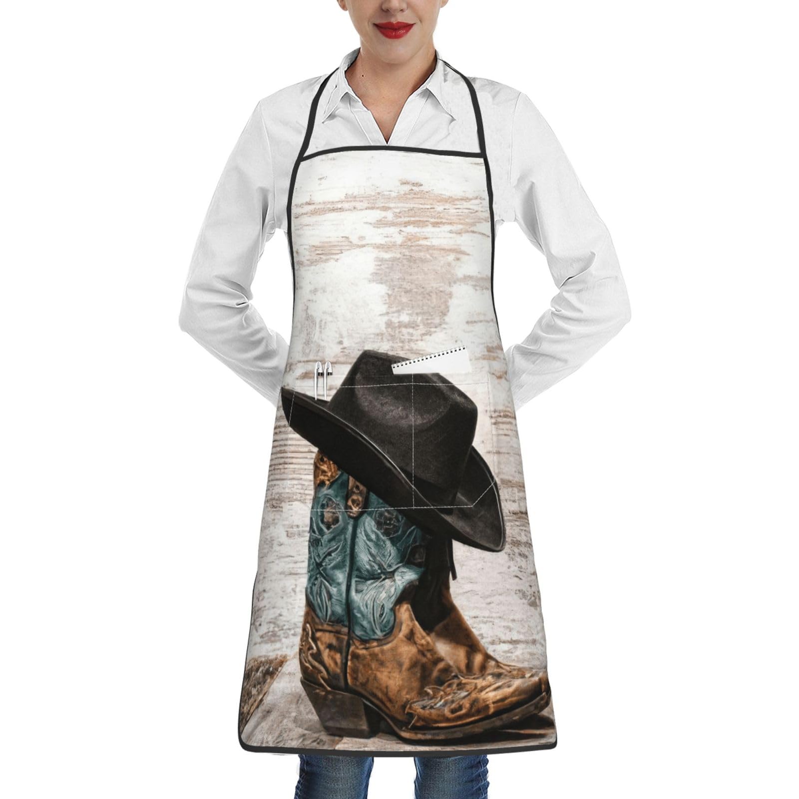 yagDAA Cowboy Hat And Boots Print Aprons For Women Men Apron With Pockets Chef Apron Kitchen Bib For Cooking Bbq Baking