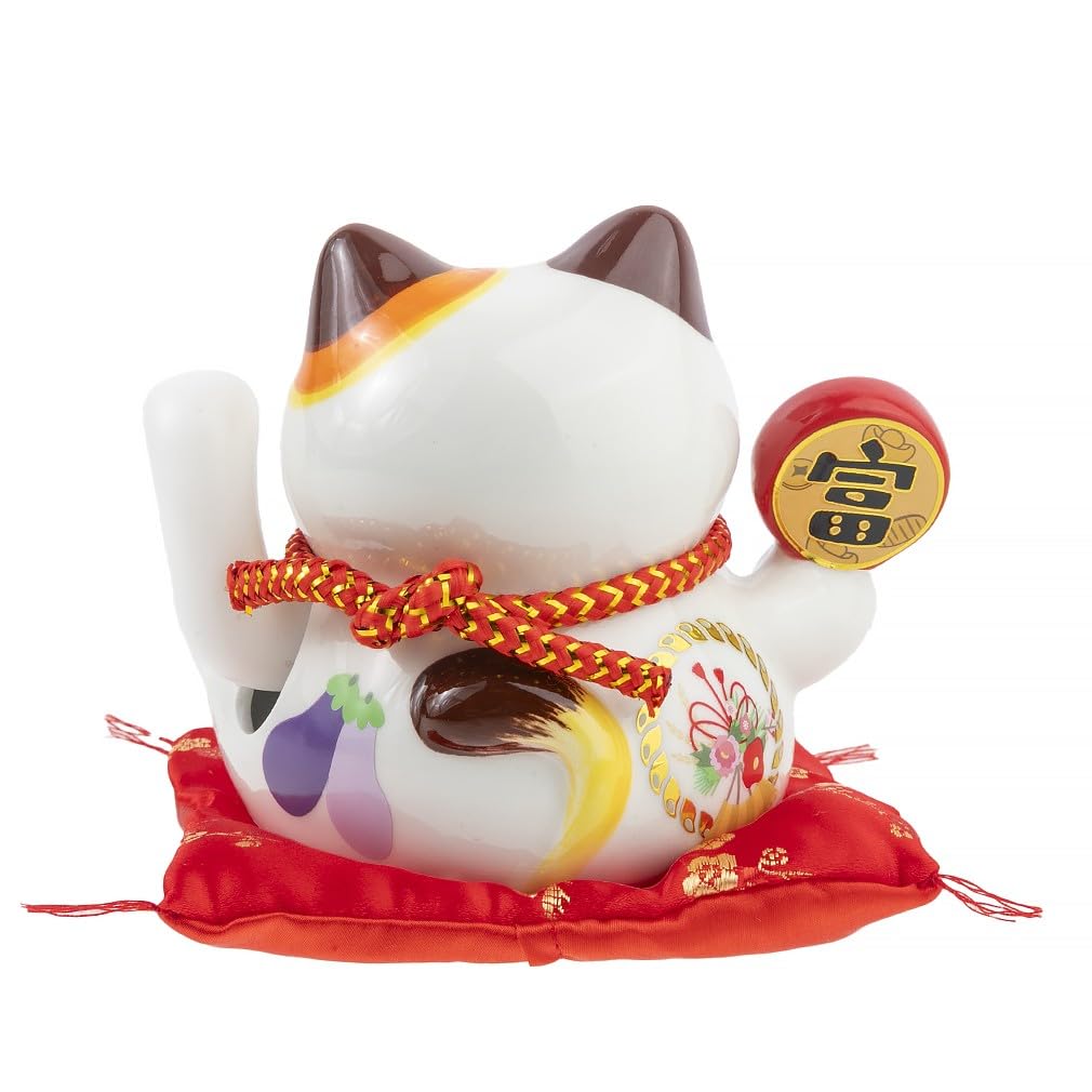 lachineuse - Statuetka kota Maneki Neko - symbol fortuny i szczęścia - ruchome ramię - tradycyjny japoński stojak na szczęście - 12x14x10 cm - Porcelana, biała - Działa na baterię LR03 nie wchodzi w