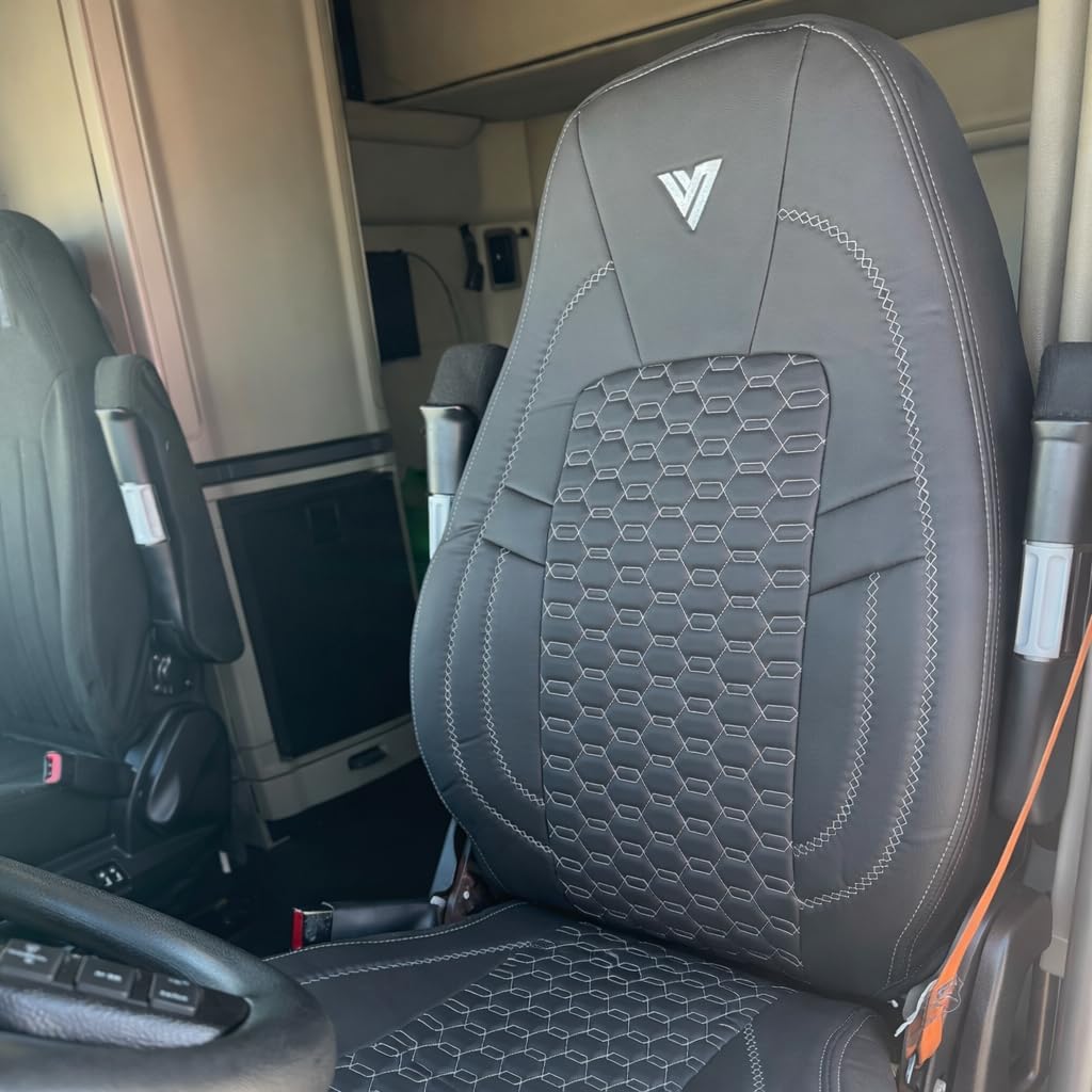 Seat Cover – Compatible with Peterbilt 579 & 567 OEM Stock Seats – Black Faux Leather with Grey Stitching, Custom Fit, Durable, Easy Install, Four-Season Protection (Black/Grey)