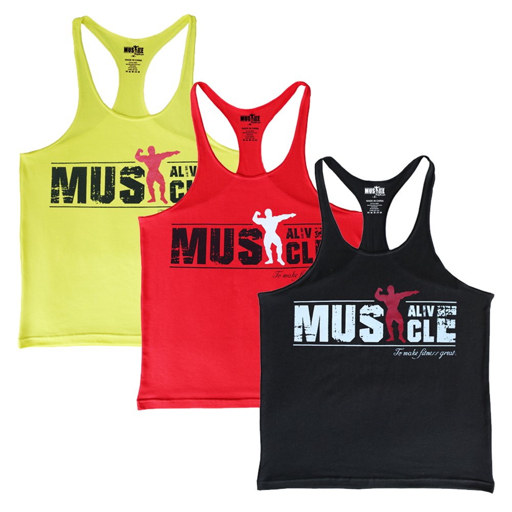 Muscle Alive Men's Ma Black+Red+Yellow Musclealive Bodybuilding Tank Top Stringer Vest Cotton M-( Chest 38 Inch To 42 Inch)