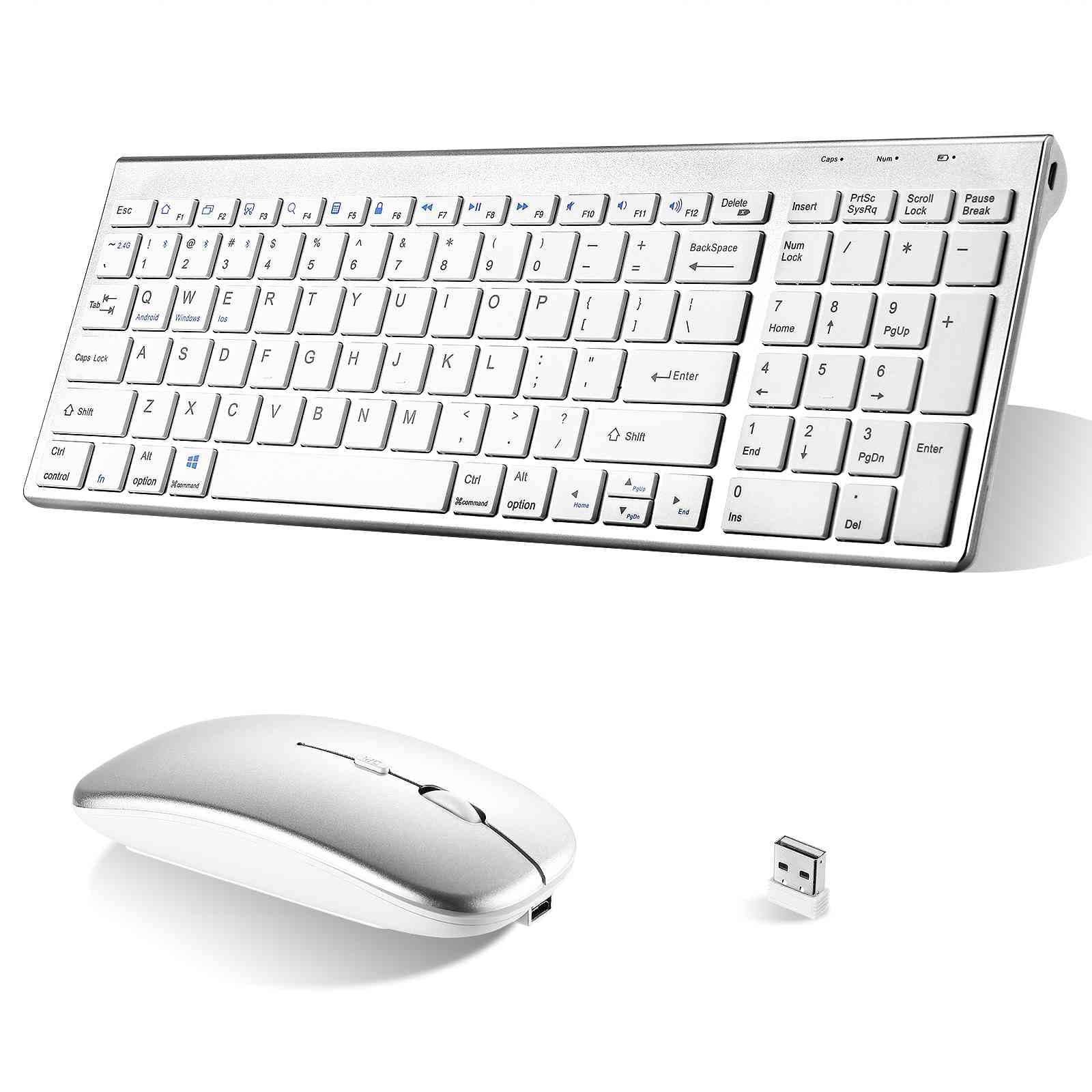 Rechargeable Wireless Keyboard Mouse, UrbanX Slim Thin Low Profile Keyboard and Mouse Combo with Numeric Keypad Silent Keys for HP Pavilion 15.6" Laptop - White