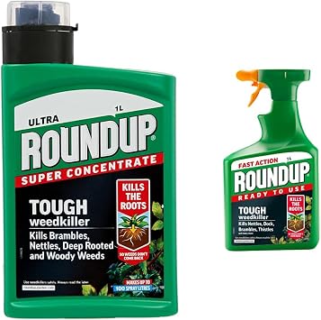 Roundup Tough Weedkiller, Concenrate, Makes up to 100 Litres, 1 Litre & Tough Weedkiller, Ready to Use, Spray, 1 Litre