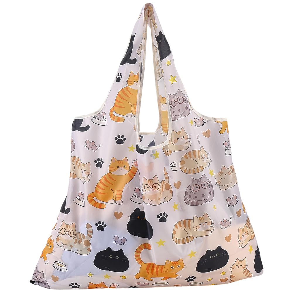 CREATCABIN Cats Reusable Grocery Bag Foldable Shopping Bags Large Totes with Handles Heavy Duty Washable Polyester Gifts for Women Work Beach Holiday Travel Groceries​ 16.53x22.05 Inch — image 1