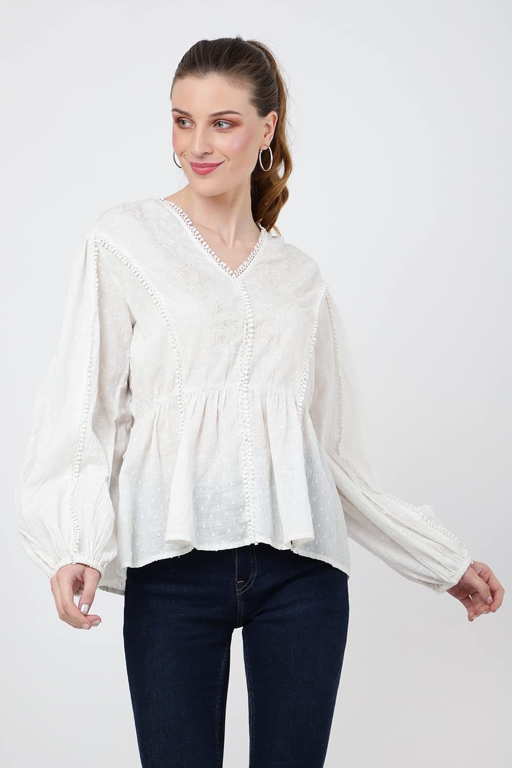 Miss Lavish London Peplum Tops for Women - Tops élégants et Chics à col en Vfemme - 101-Blanc cassé, Moyen