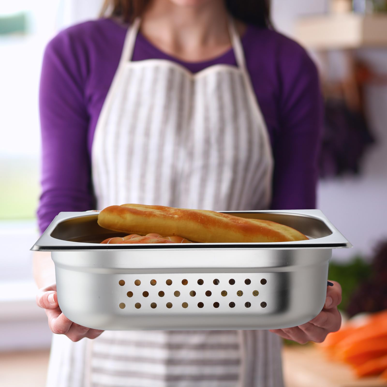 Lounsweer Paquete de 2 sartenes de vapor perforadas de acero inoxidable de tamaño completo, mesa de vapor perforada, sartén de alimentos para catering comercial, bandeja de alimentos para suministros