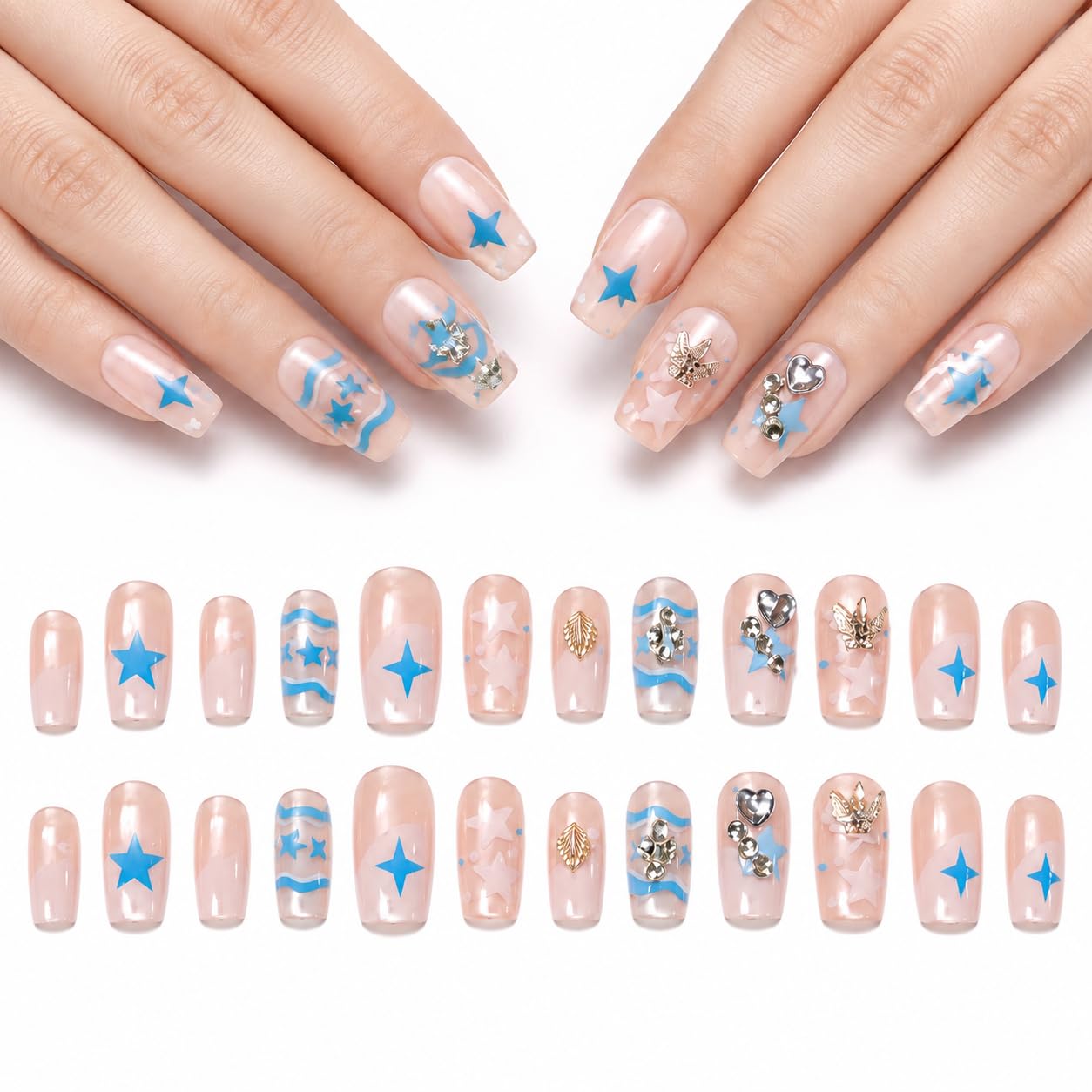 Glossy Press On Nails Blue Star Design | 24 Pcs Medium Coffin Artificial Nails with 3D Rhinestone Charms Reusable False Nail Kit with Adhesive Tabs for Women & Girls | Diy Apply (Light Pink and Blue)