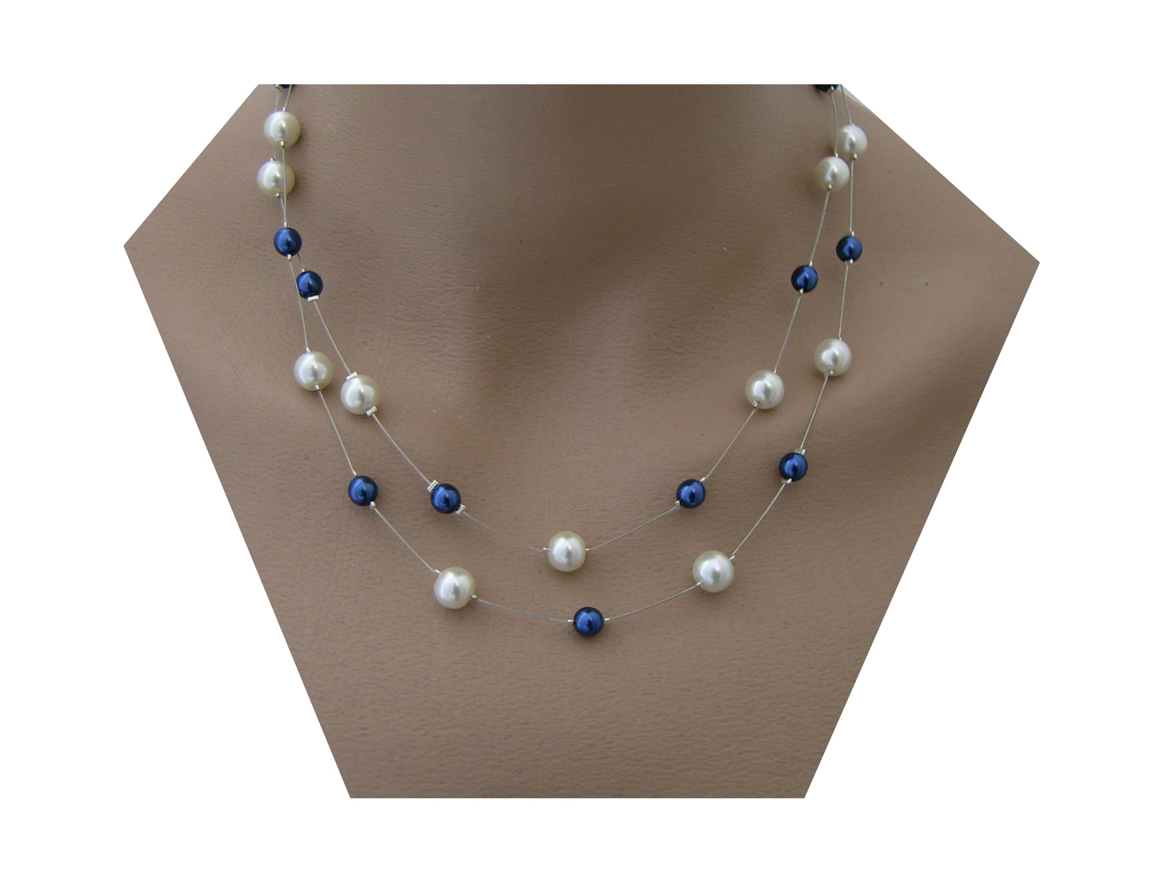 Collier de Perles 2 Rangs Femme Mariée Ivoire/Blanc/Bleu Marine/Roi | Longueur Réglable, Soirée Cérémonie Cocktail, Mariage