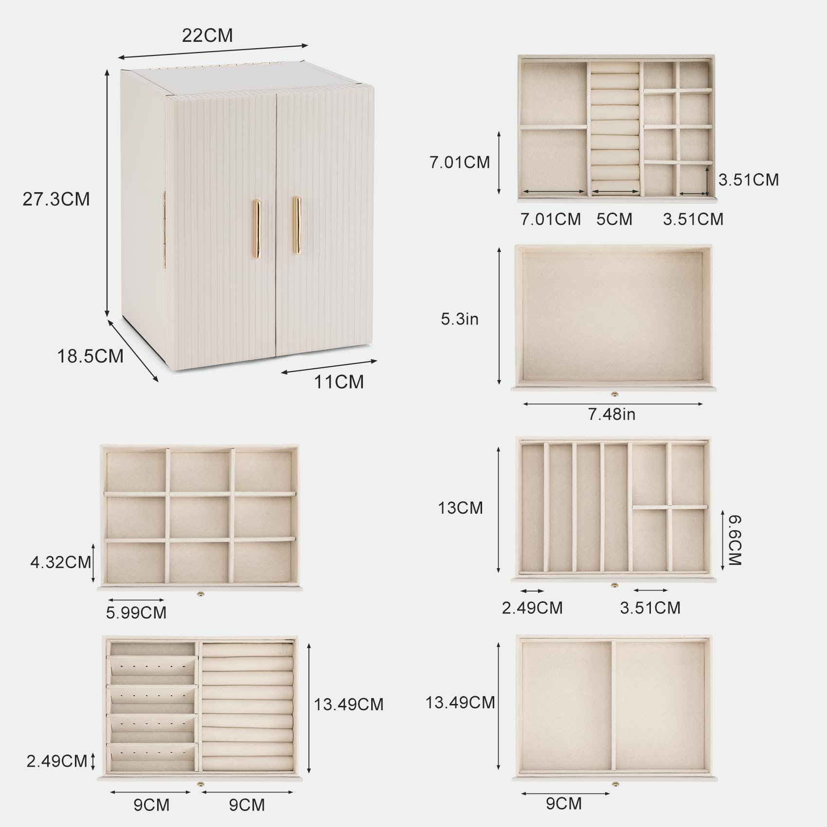 Dajasan Groß Schmuckaufbewahrung, 6 Ebenen Schmuckkästchen mit 5 Schubladen, Schmuckkasten mit Spiegel & Doppeltür, Schmuckschrank aus Vertikales Textur Leder, Modern, Geschenk für Damen (Beige)
