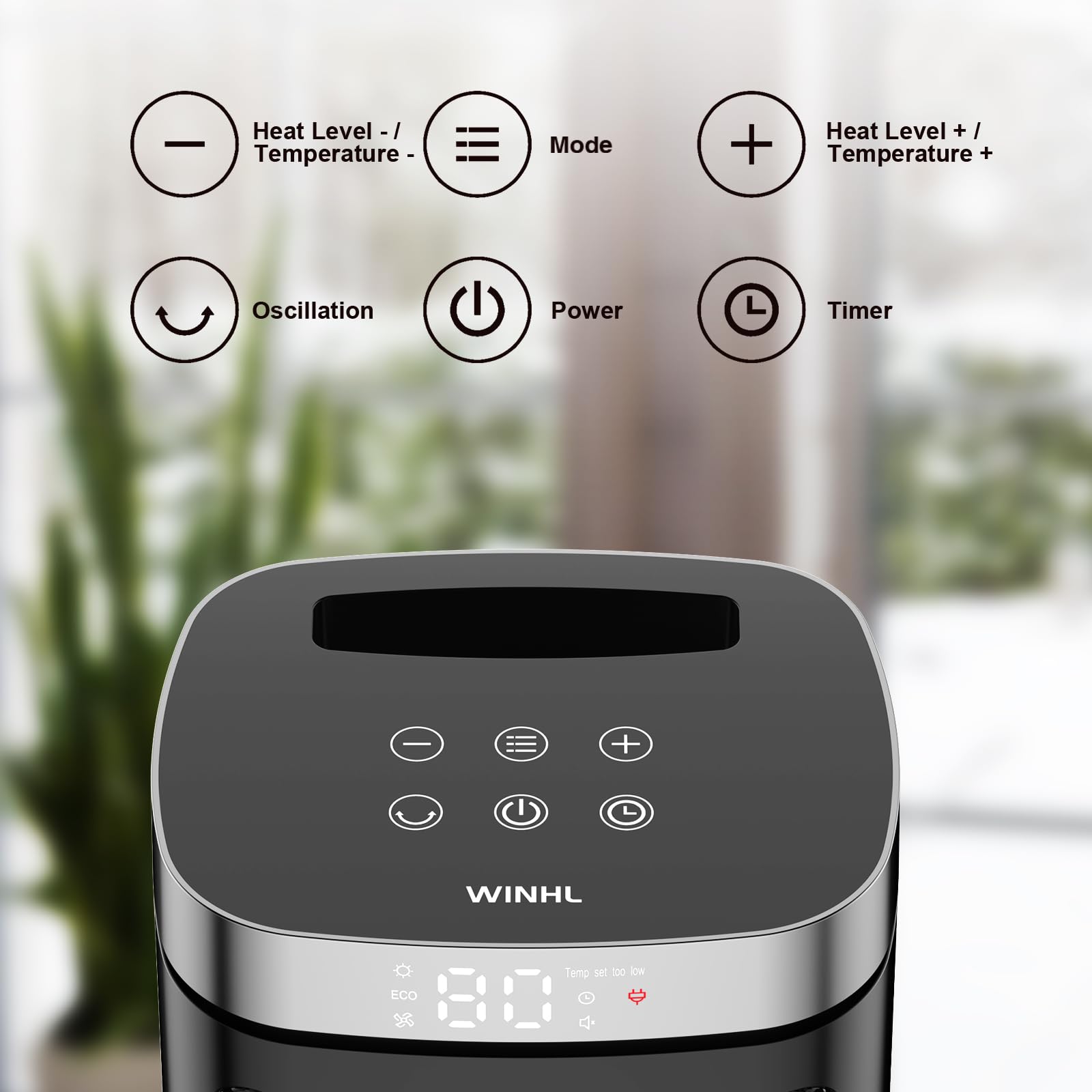 Space Heater, WINHL 17 Inches Electric Heaters for Indoor Use with Thermostat and Remote, 70°Oscillation, 12H Timer, 5 Modes, 1500W PTC Ceramic Fast Safety Heat for Office Bedroom Home