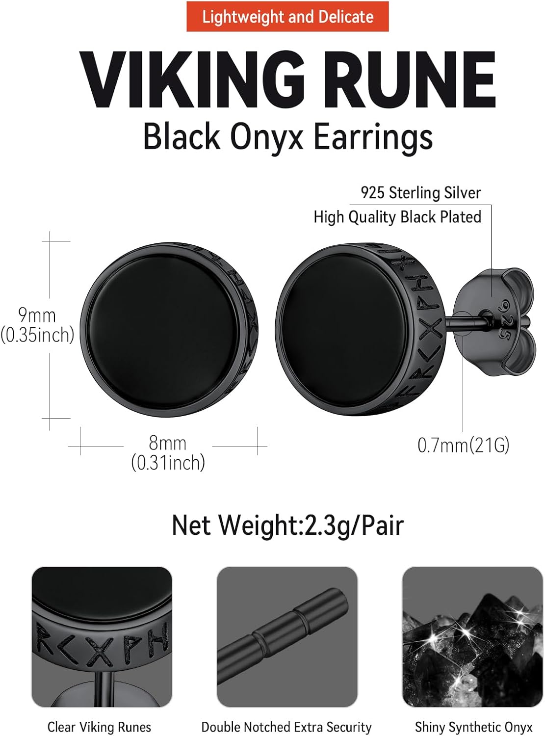 FaithHeart Viking Runes Stud Earrings for Men Silver/Black/Gold Stainless Steel Lightweight Earrings Retro Norse Mythology Jewelry with Gift Box