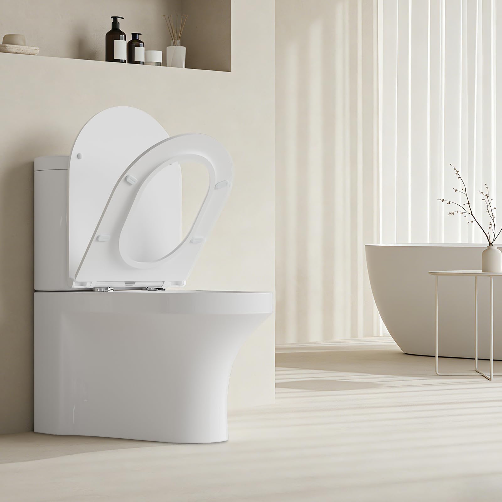 SURFOU Tapa WC Universal en Forma de D, Asiento de Inodoro de Duroplast con Cierre Suave, Soporta hasta 200 kg, Desmontaje Rápido para Limpieza Fácil, con Gomas para Fijación Estable