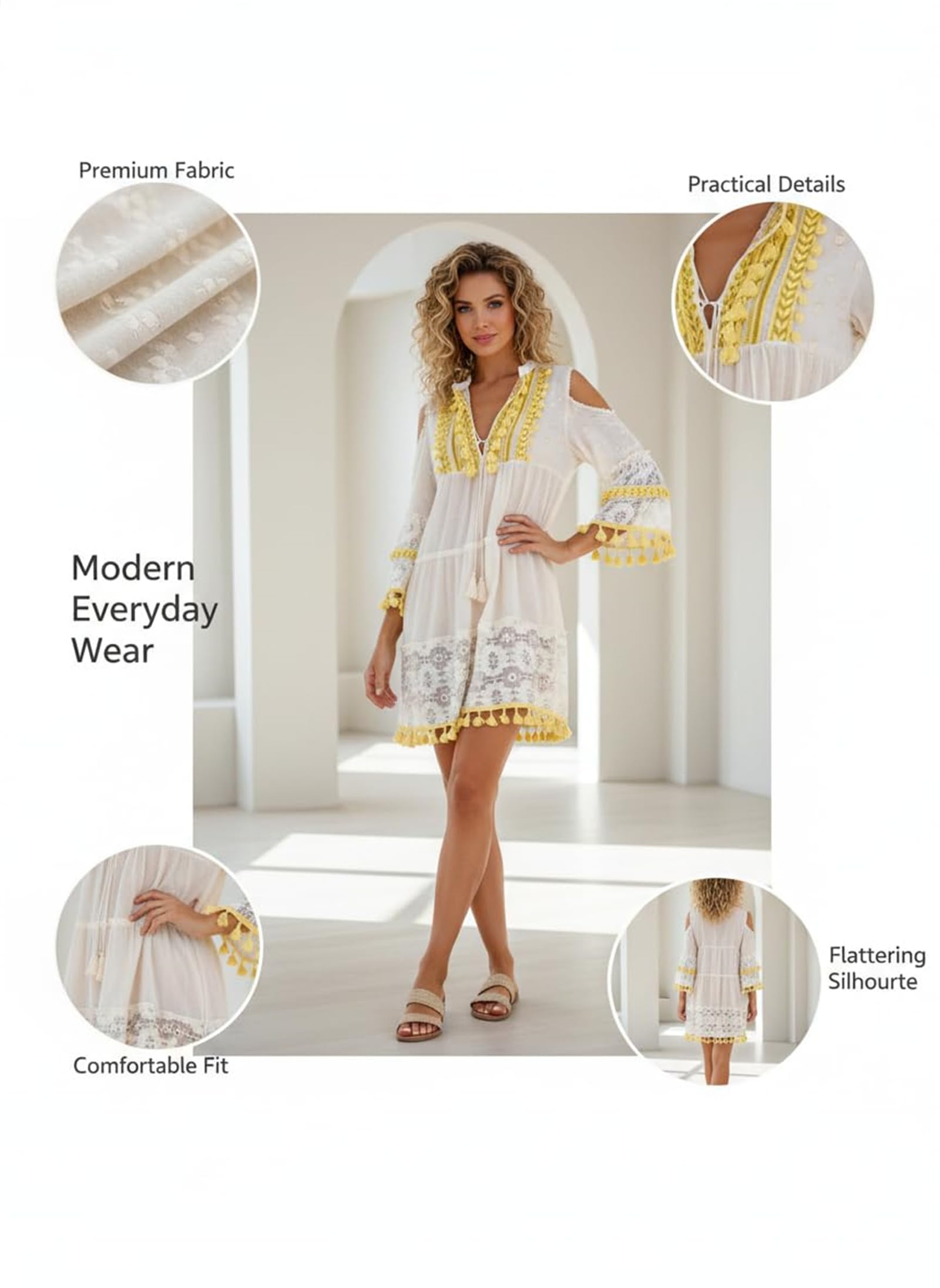 Minivestido para Mujer con Bordado, Escote en V y Hombros Descubiertos; Vestido Estilo Boho con Mangas Acampanadas 3/4, Encaje, croché y Adornos de borlas