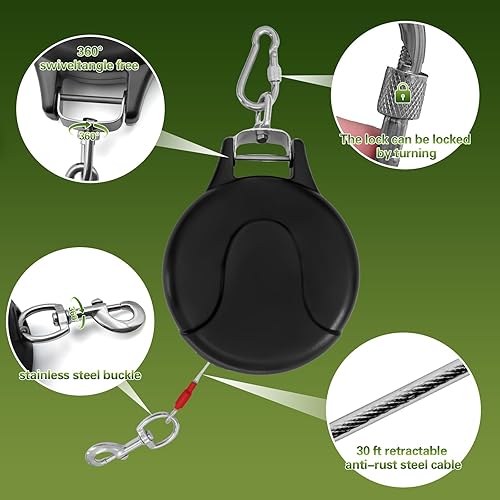 Miniatura 5 de Cable retráctil y estaca para perros, 30 pies, sin correa, retráctil para perros, 10-90 libras, carrete de plomo giratorio de 360 para patio,
