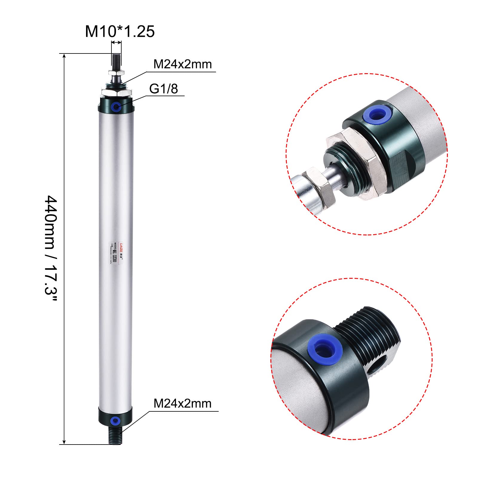 sourcing map Neumático Aire Cilindro Doble Acción MAL32X300 32mm Diámetro 300mm Carrera con Y Conector y 4uds Rápido Ajuste Juego
