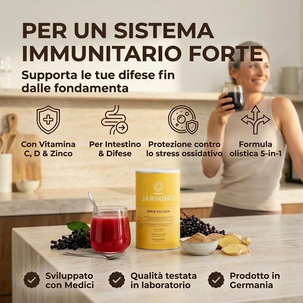 Idrolizzato di collagene con L-Glutammina - Rafforza il sistema immunitario | Vitamina C, D, Selenio, Zinco, Zenzero, Sambuco, Funghi vitali | 450 g di polvere di glutammina | JARMINO