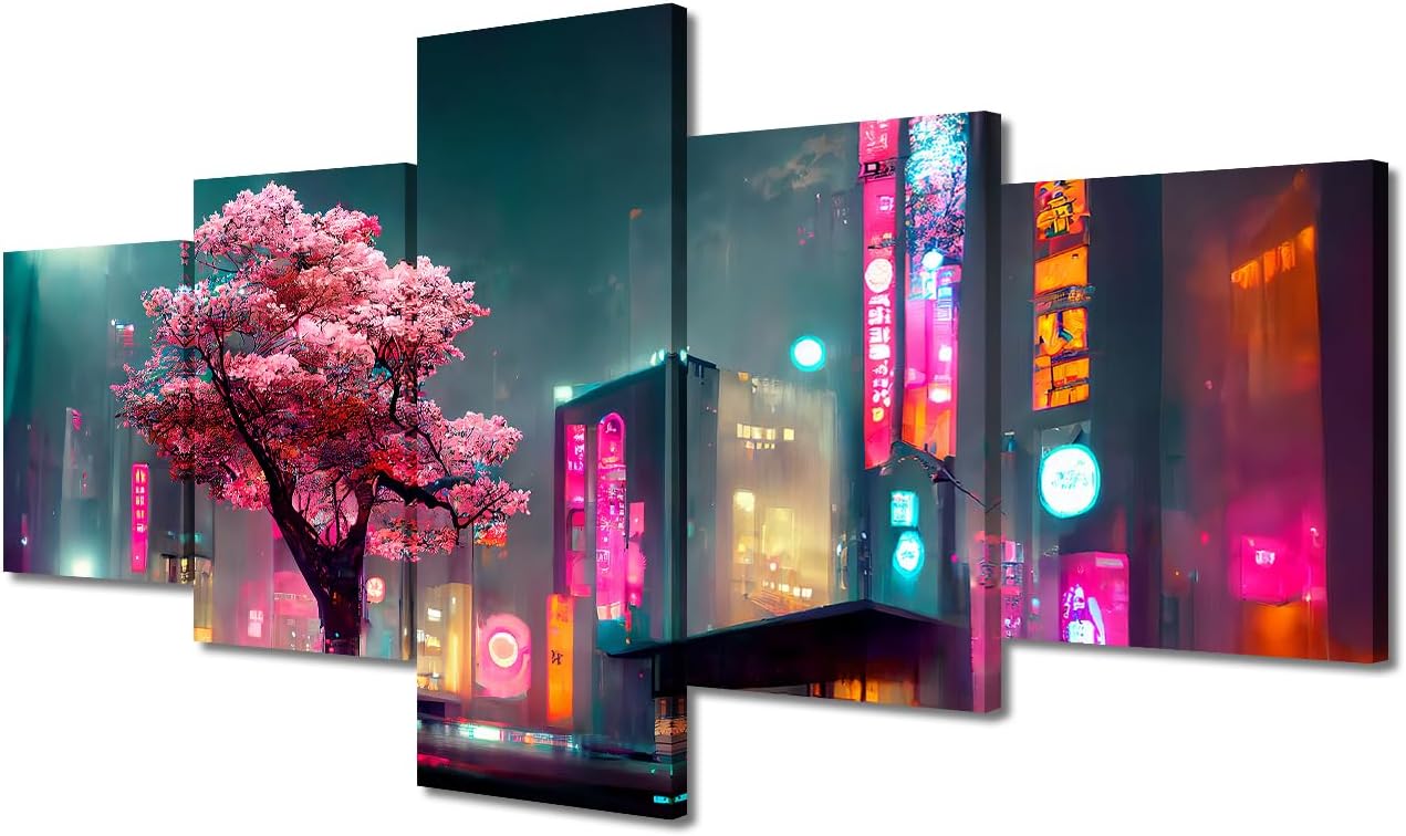 Amazon.com: 5 panel Cyberpunk Canvas Wall Decor Modern Street View ...