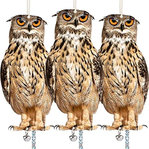 Kungfu Mall Owl to Keep Birds Away, 3 Pack Bird Scare Owl Fake Owl, Reflective Hanging Bird Decoration, Dual-Side Printed Owl to Keep Birds Pigeon Away from Patio Garden Cover