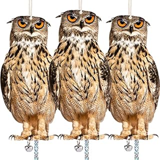 Kungfu Mall Owl to Keep Birds Away, 3 Pack Bird Scare Owl Fake Owl, Reflective Hanging Bird Decoration, Dual-Side Printed Owl to Keep Birds Pigeon Away from Patio Garden