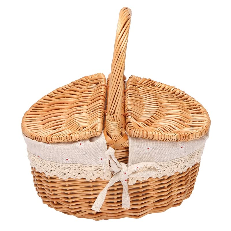 Handgemachte Weiden Korb mit, Wicker Camping Picknick Korb mit Doppel Deckel, Einkaufskorb Korb mit Stoff Bezug