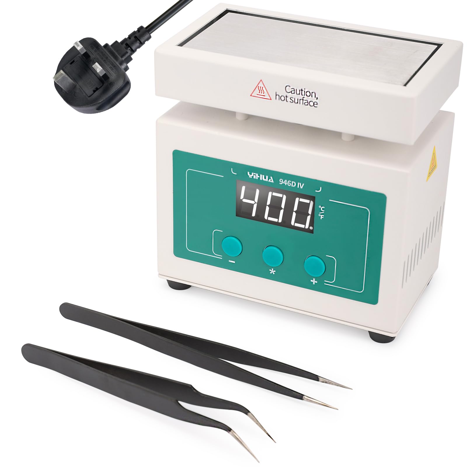YIHUA 946D-IV 100 * 50mm Aluminum Heating Plate, 50-400°C Adjustable Temp Preheating Station, Soldering Hot Plate Rework Heater with 2 Tweezers PID Temp Control °C/°F Conversion(UK Plug)