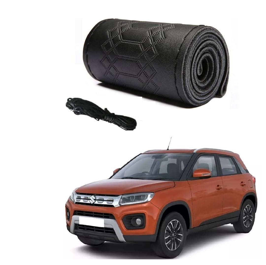 Car Steering Wheel Cover with Needle Thread Leather Sleeve Anti-Slip Breathable Full Black Color Suitable for Maruti Suzuki Brezza
