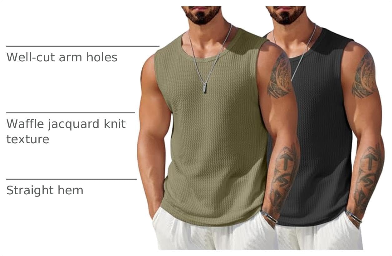 COOFANDY Mens Casual Tank Tops 2 Pack Waffle Knit Sleeveless Shirt Breathable Tank Shirts Summer Muscle Tee