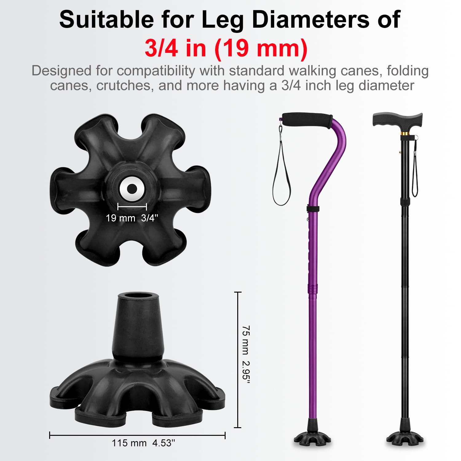supregear Rubber Ferrules - Self Standing 6 Prong Support Rubber Base for Walking Stick & Cane - Heavy Duty Foot Pad for Walking Sticks End Cap, 19mm, Black