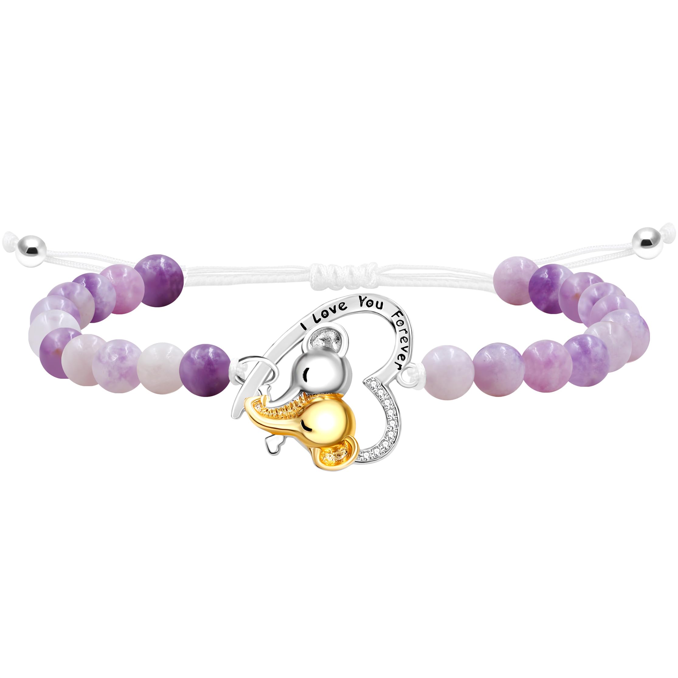 Double Elephant Heart Charm Natural Crystal Bracelet, Treatment Stone Bracelet Calm Stretch Bracelet Women's Stress Relief Gift for Moms I Love You Couple Jewelry