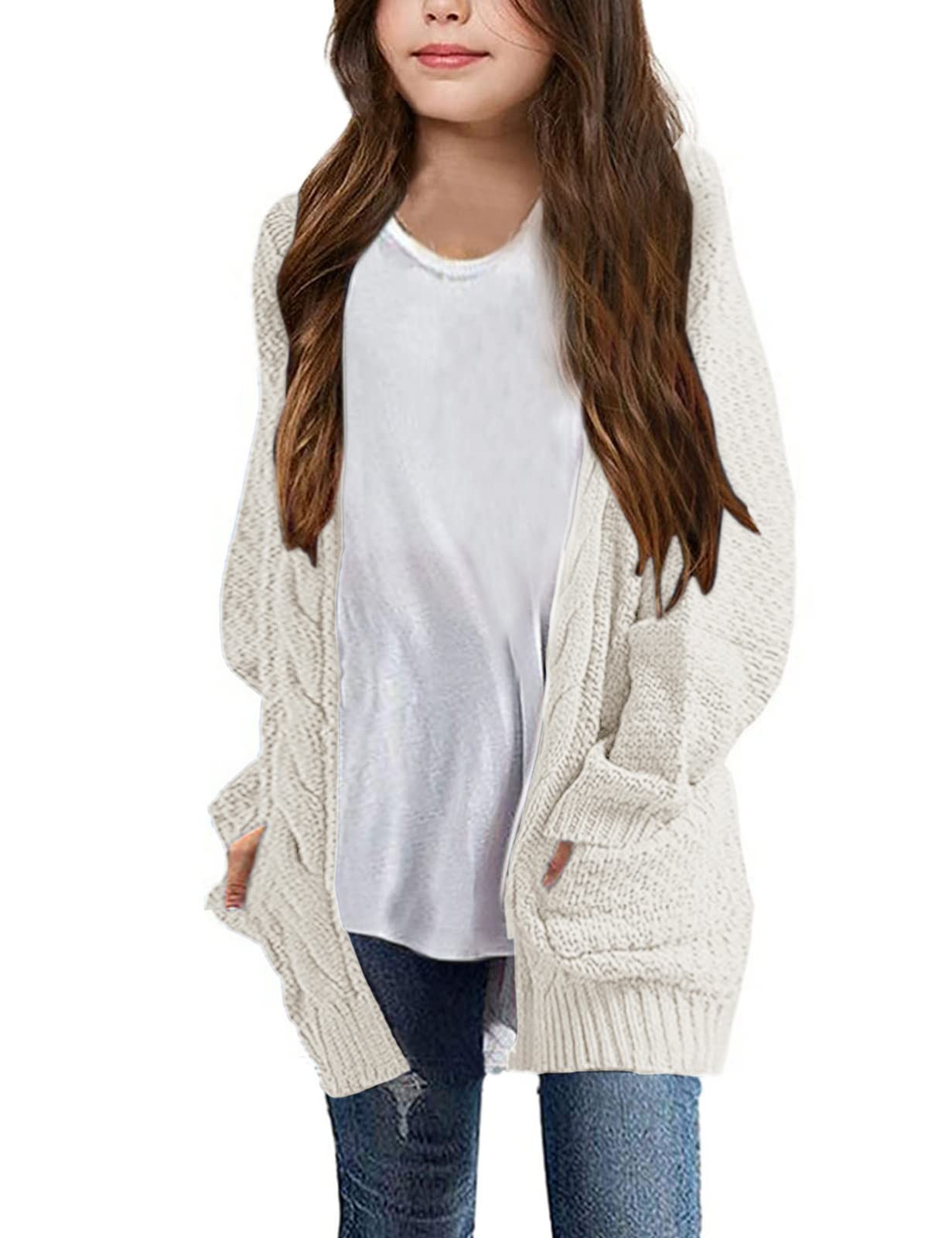 Girls Long Sleeve Cardigan Sweaters Open Front Cable Knit Chunky Cardigans Kids Oversized Cute Outerwear Coat