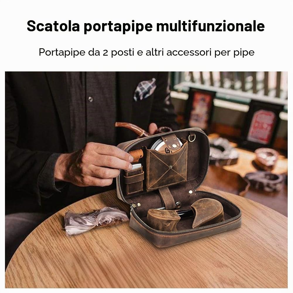CONTACTS Borsa porta tabacco in pelle con supporto, custodia da viaggio per 2 tubi, accessori per pipa da fumo, borsa organizer con tracolla staccabile