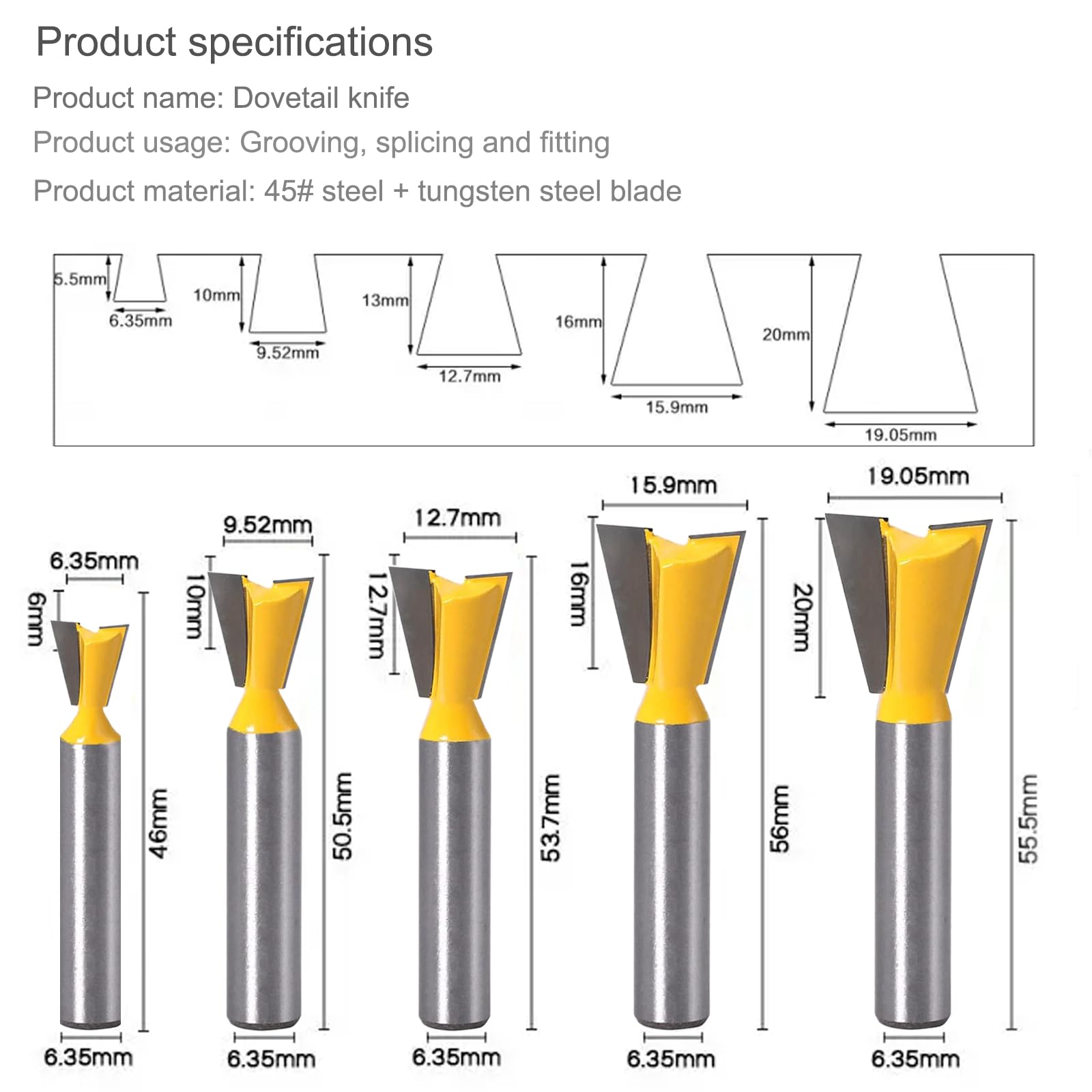 5 pezzi Punta per Router a Coda di Rondine, Frese per Legno con Gambo da 8mm, Frese Professionali per Fresatrice Verticale Legno, 1/4" 1/2" 3/8" 5/8" 3/4" Frese Professionali per Lavorazione del Legno