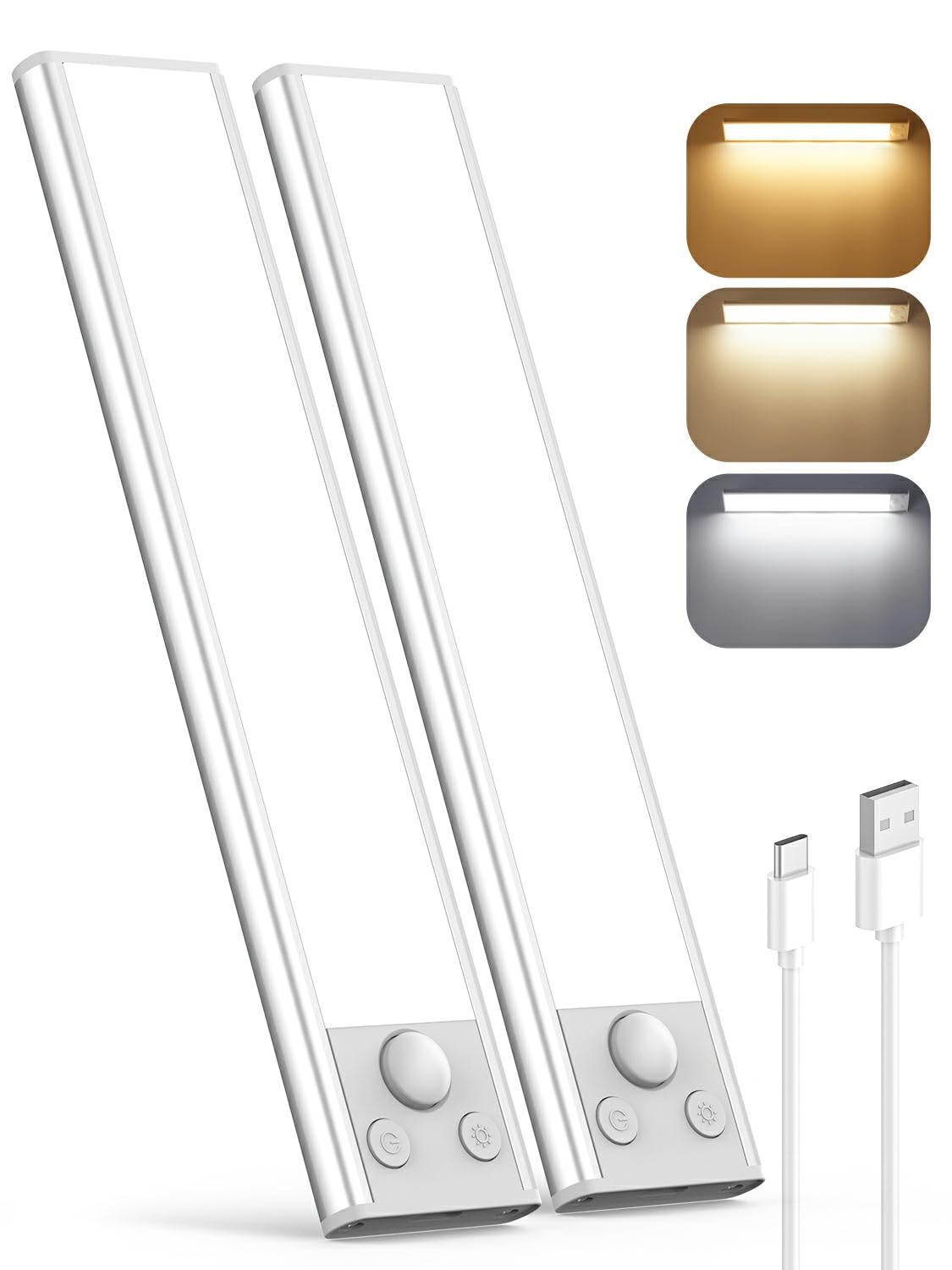 Schrankbeleuchtung Unterbauleuchte Küche LED mit Bewegungsmelder, 3 Farbtemperaturen 2000mAh Licht Aufladbar Akku Lampe USB Schranklicht Leuchte Magnetische Lichtleiste Kabellos Batterie Leiste