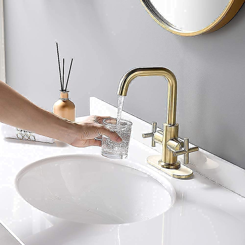Robinet de Salle de Bain à Deux poignées, entraxe de 10 cm (4 Pouces), avec bonde, Plaque de Montage et Flexibles d'alimentation. Convient pour Les installations de 1 à 3 Trous.