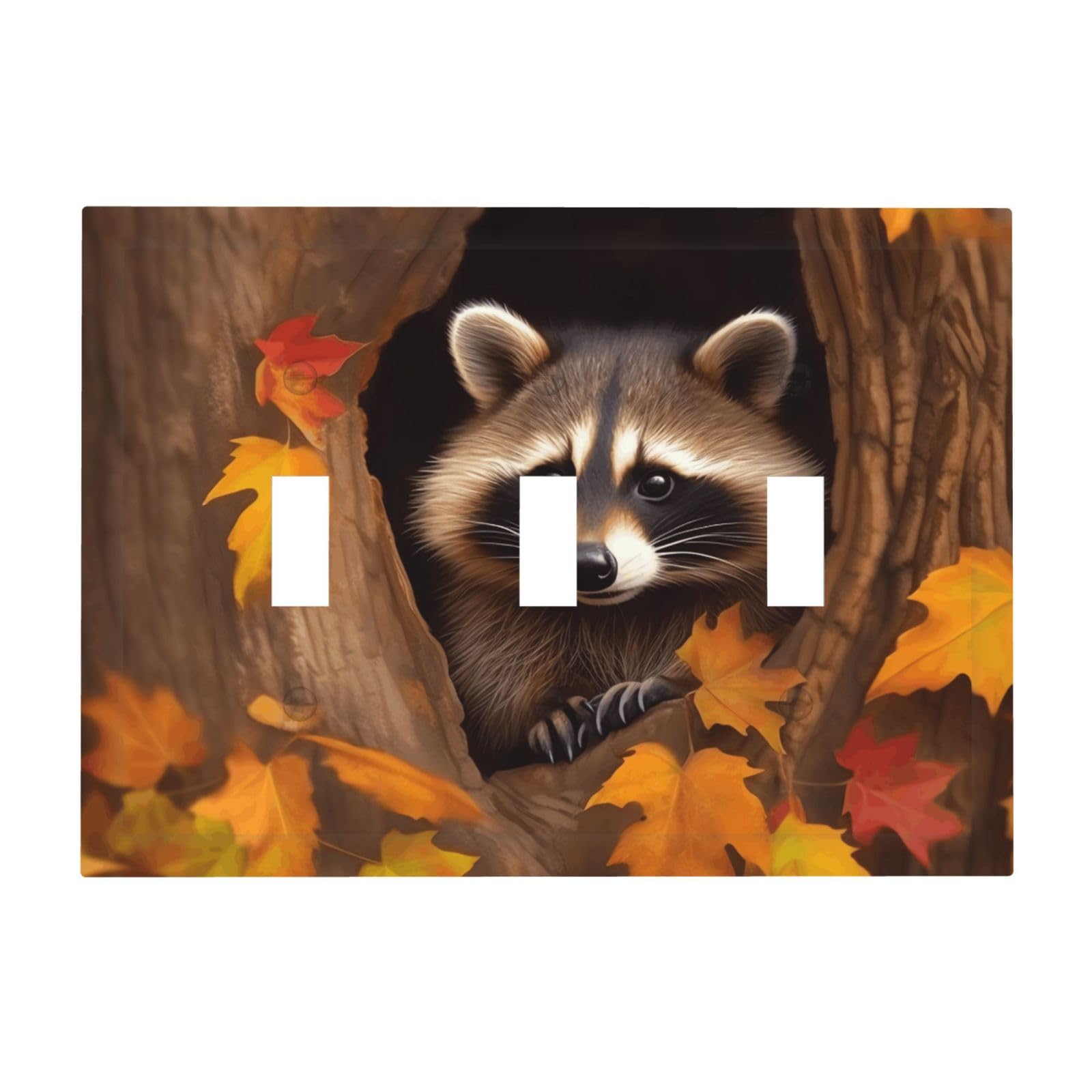 Kloph Raccoon In The Fall Tree Hole Decorator Light Switch Covers Wall Plate 3-Gang Mid Size 6.7" X 4.8" Triple Toggle Switch Wallplate Decorative 3 Gang Wall Switch Plate Covers Polycarbonate Thermoplastic