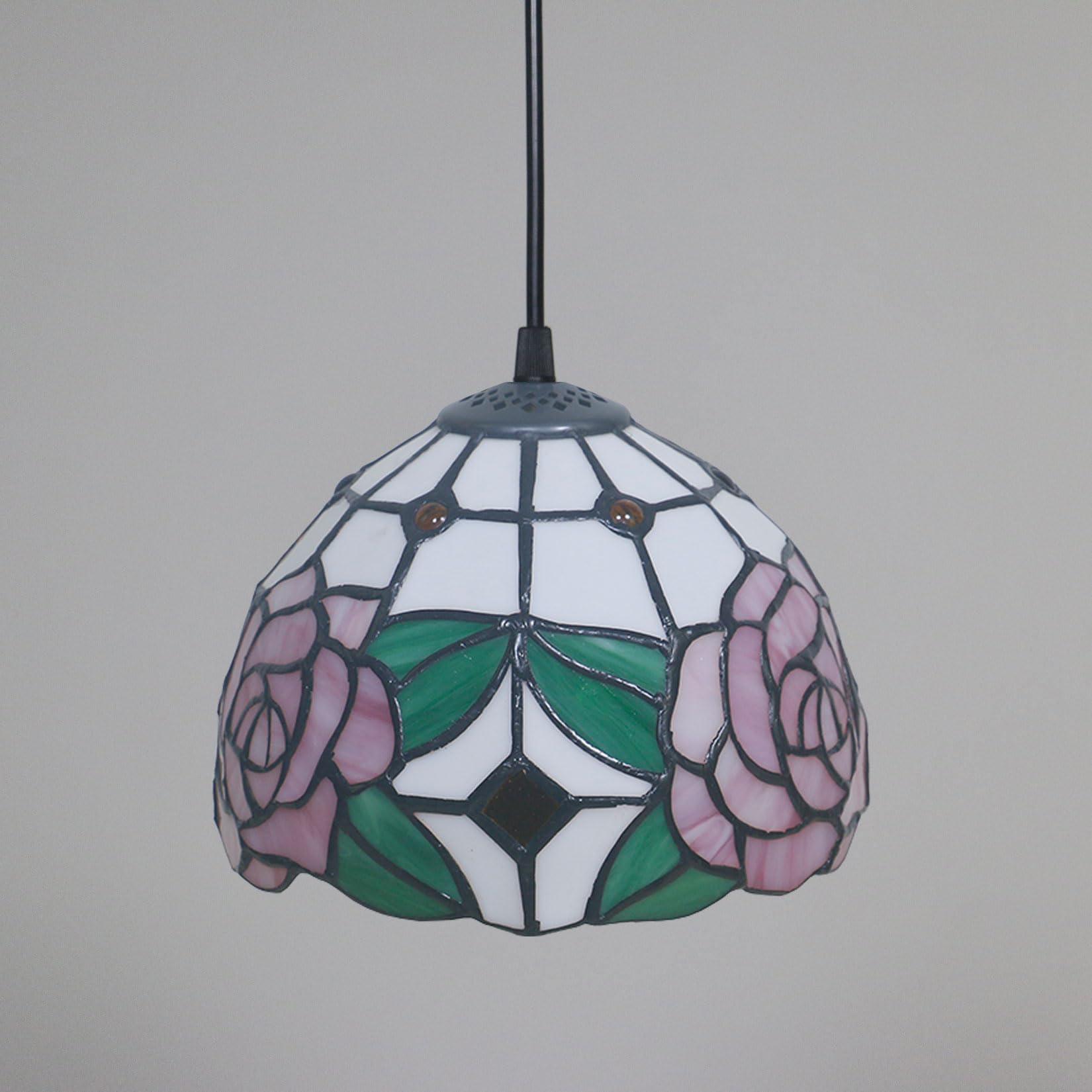 Lampa wisząca Tiffany Rose Witraż Klosze Lampy Wiszące Vintage Różowy Kwiat Zielony Liść Wystrój Domu Żyrandol Szeroki 8" Wysokość 39" Do Kuchennej Wyspy Jadalnej 2szt