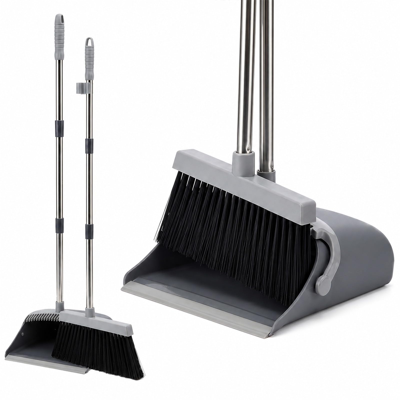 LSC Long Handled Dustpan and Brush Set with Adjustable Handle Upright Broom and Dustpan Combo with Teeth Soft Sweeping Brush for Indoor Outdoor Floor Cleaning Household Cleaning Products