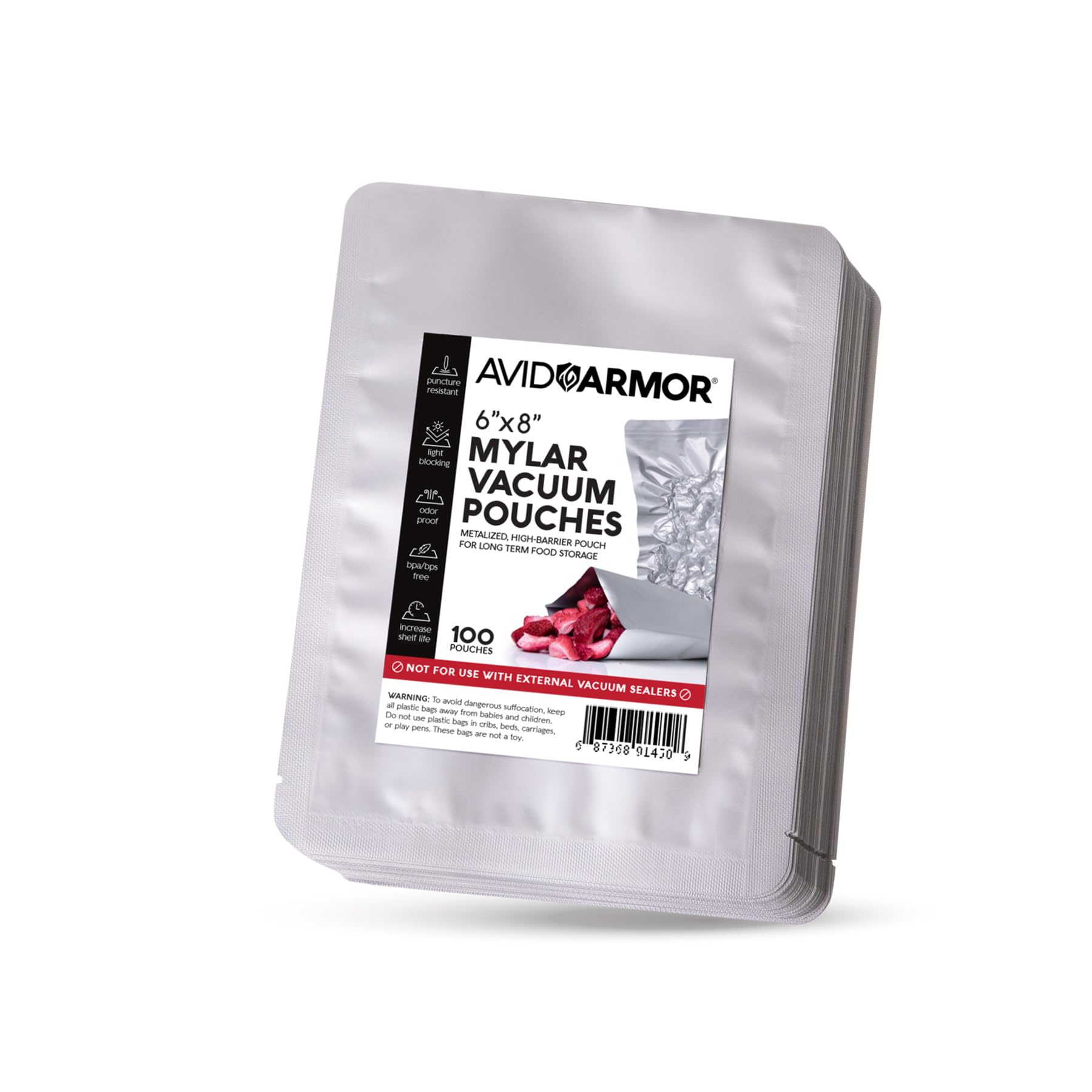 Avid Armor6x8 Pack of 100 - Silver Vacuum Sealer Bags for Food - Heavy Duty Mylar Pouches, Pre-Cut 3-Sides Sealed for Long-Term Food Storage, BPA-Free, Perfect Chamber Vacuum Sealer Bags