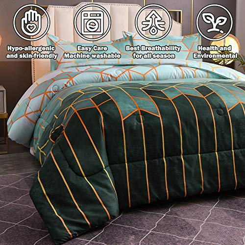 Sisher Green Geometric Comforter Set King Size(230X260Cm), Marble Bedding Sets For Man Woman, 3 Pcs Soft Microfiber Quilt Bed Set With 2 Pillowcases #TOP5