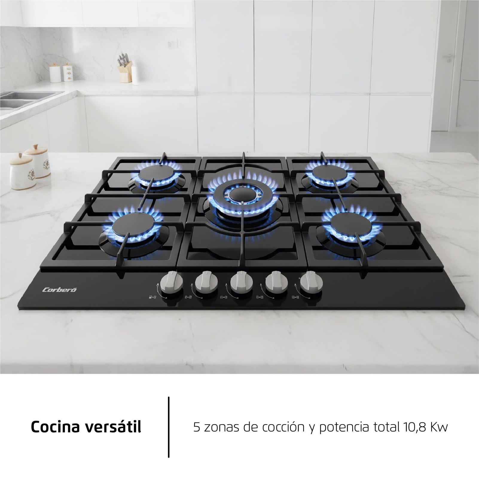Corberó - Placa Gas Cristal LUX 75cm | CPCGM5F5026N | 8.5kW| 5 Zonas | Zona Wok | Autoencendido | Capa Protección Clean+ | Desconexión automática | Negro