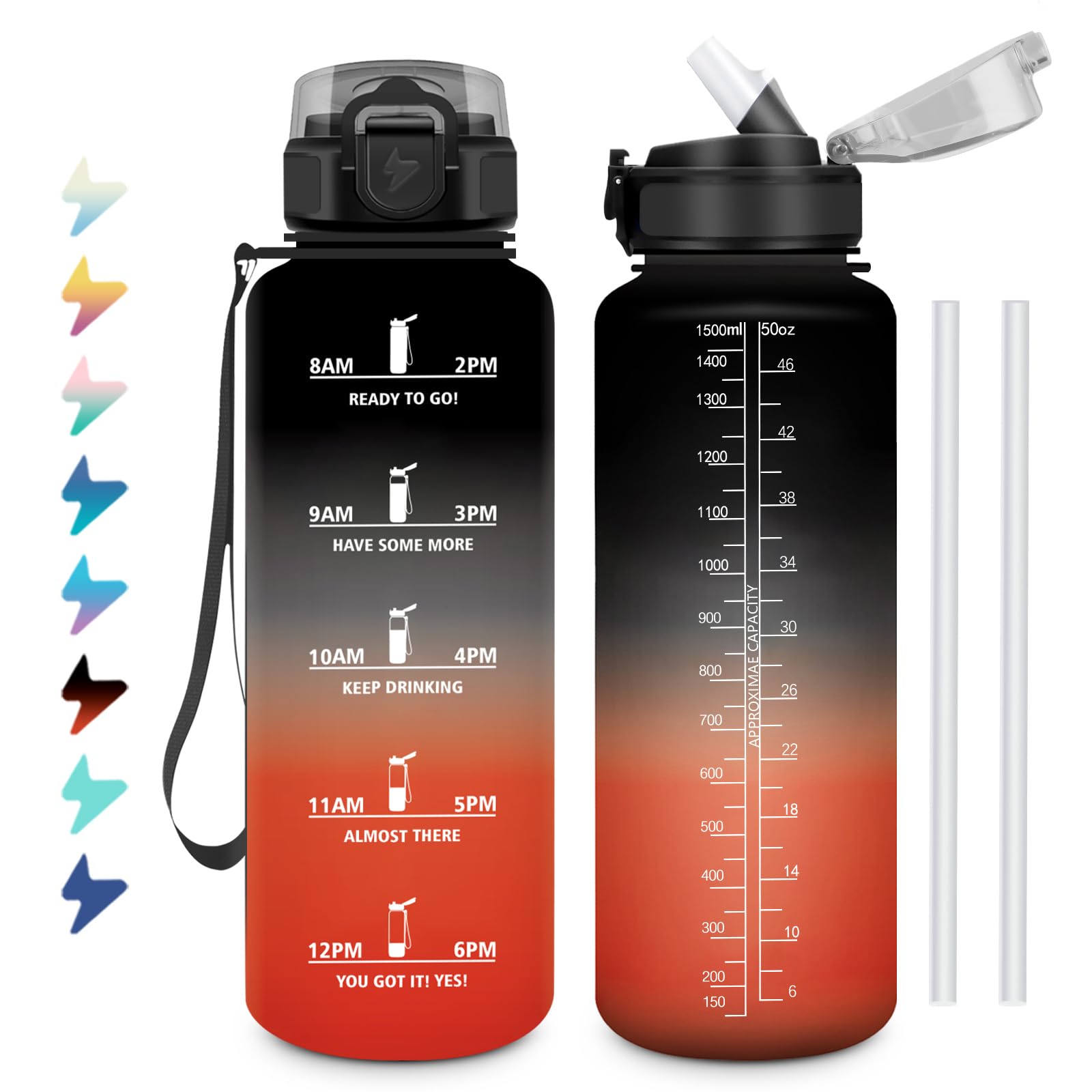 Borraccia Sportiva 1,5L, a Prova di Perdite, Facile da Aprire, Bottiglia Acqua Palestra con Indicatore del Tempo, Bottiglia con Cannuccia, Borraccia per Palestra, Corsa, Ufficio, Campeggio, Scuola