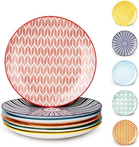 KitchenTour Ceramic Dinner Plates - 8 Inch Dessert Pizza Pasta Salad Plate Set - Dishwasher and Microwave Safe - Set of 6, Vintage