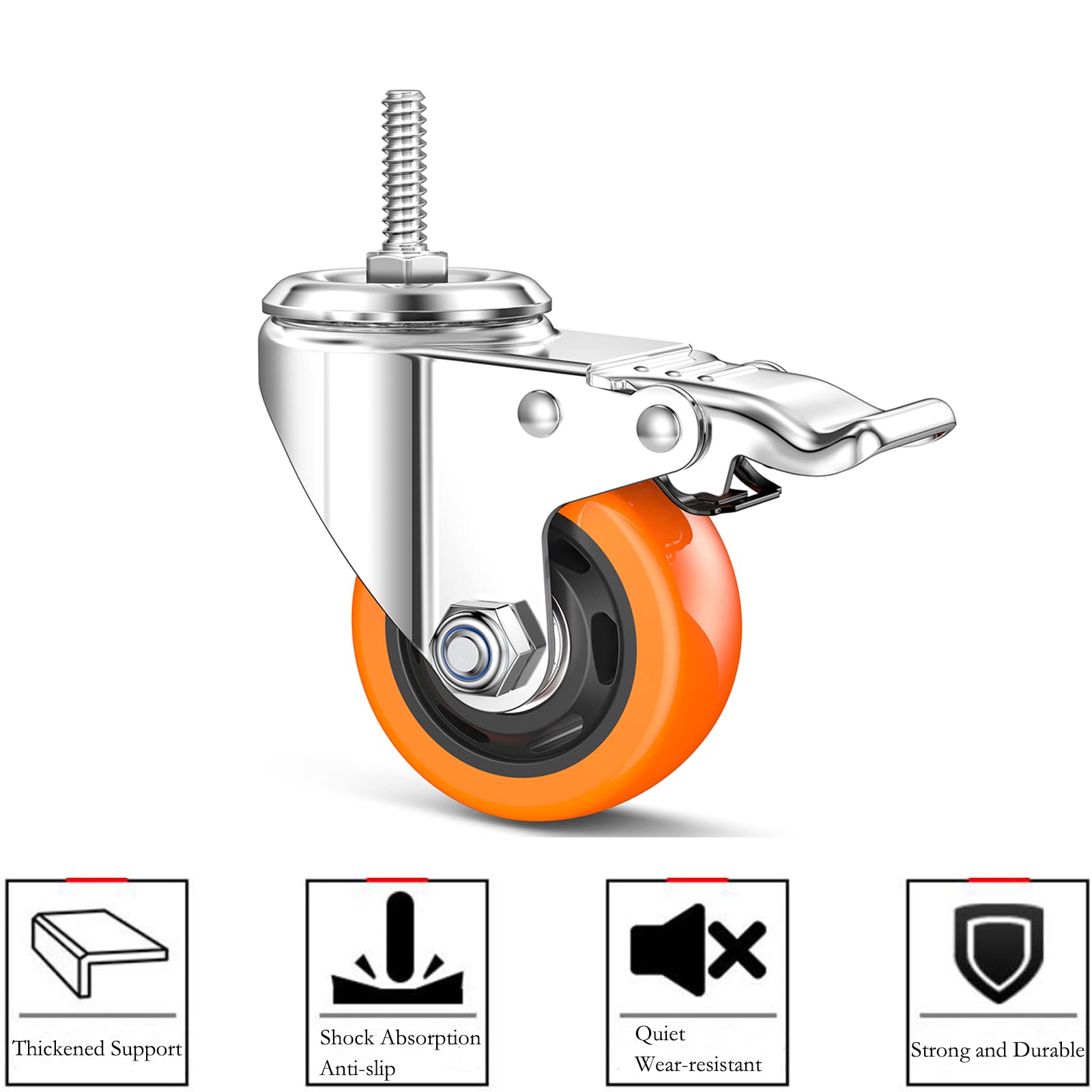 Lenkrollen aus PVC, M8-3,2 x 2,5 cm (Schaftdurchmesser 8 mm, Schaftlänge: 2,5 cm), Rollen mit Bremse, Doppelverriegelung für Zuhause, Büro, Industrie (5,1 cm, mit Bremse)