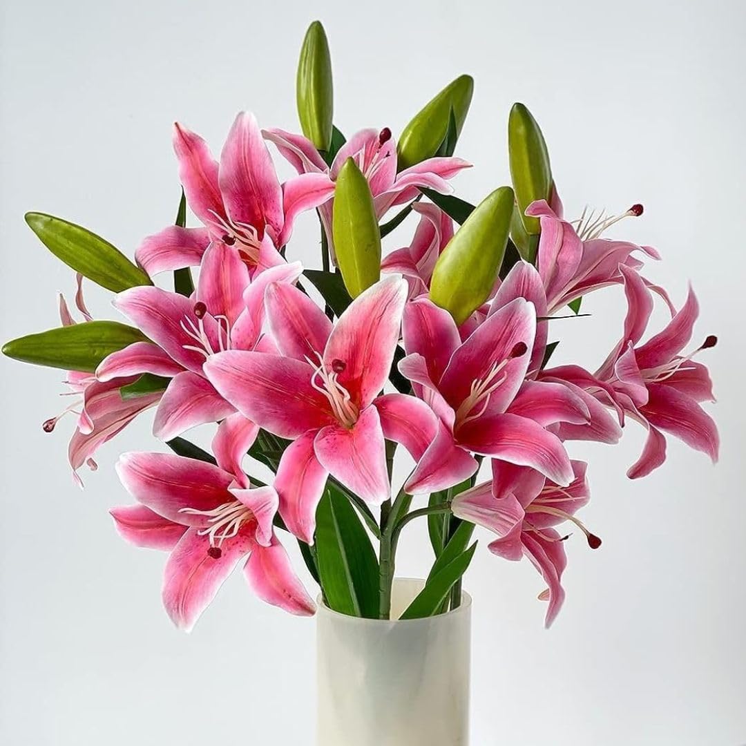 SATYAM KRAFT Fabric 1 Pcs with (3 Head) Lily Artificial Flowers Sticks for Home Decor, Bedroom, Living Room, Table, Balcony, Office, Wedding, Pooja, Anniversary Decorations (Pink) (Without Vase Pot)