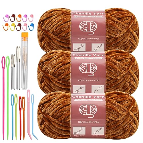 Image of LUNARM Chenille Yarn 3 Pack 3.5oz Chunky Blanket Velvet Yarn 263 Yard | Khaki Velvet Chunky Chenille Yarn for Beginners Crocheting Hand Knitting Scarves with Big Eye Needles Machine Washable