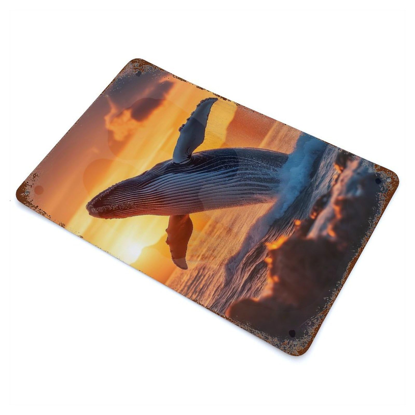 Rust Effect Humpback Whale Sunset Leap in Ocean Rusty Metal Tin Sign 11.8"x7.9", Old School Wall Decor for Cafe, Home Bar And Lounge Decor