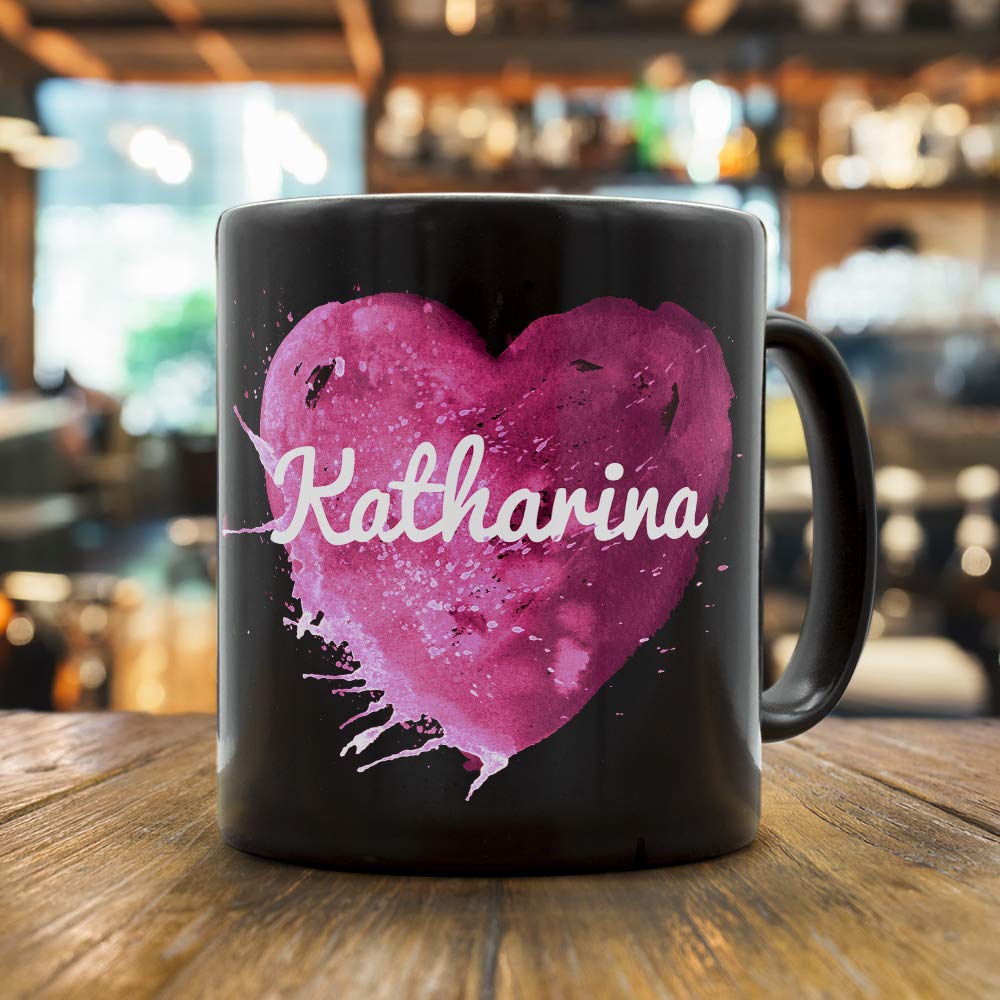 Printplanet Tasse Mit Namen Katja – Schwarzer Kaffeebecher, Motiv Painted Heart, Personalisiert