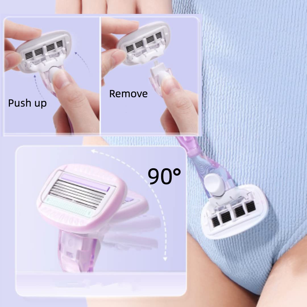 2 Handles + 6 Blades Women Razor Kit Shaver Replacement Heads Bikini Hair Removal Tool Non-Slip Travel Carry-Purple - Image 3