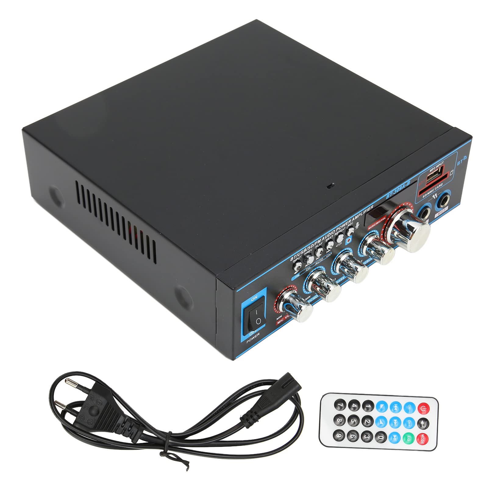 Amplificatore Audio, 20x19x5,5cm 2 Canali 3 Formati Lega di Alluminio Mini Amplificatore Audio Mini Amplificatore con Telecomando per il Teatro per la Casa (Spina UE 220V)