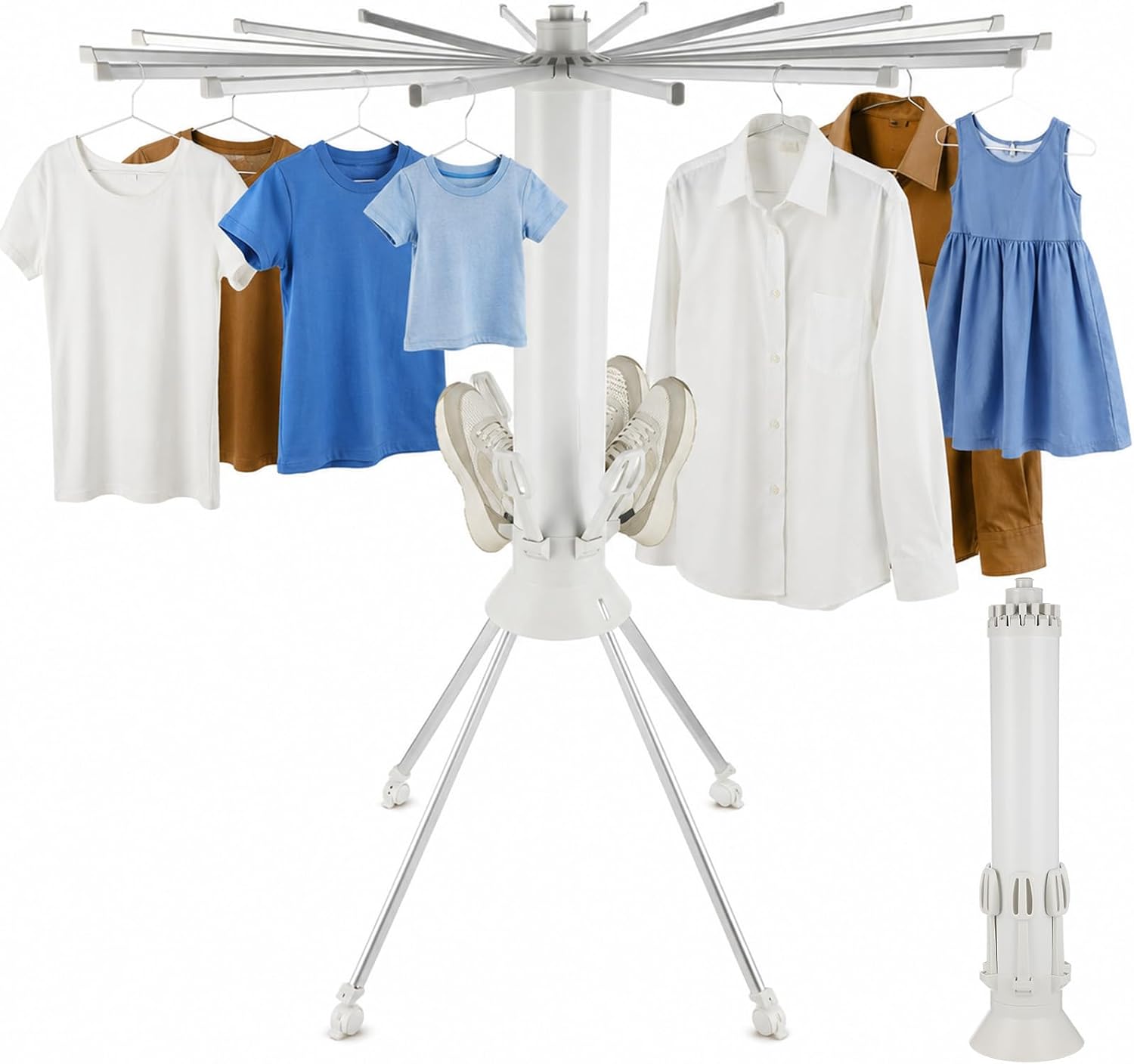 Foldable Clothes Drying Rack, Laundry Drying Stand with Wheels & Shoe Holders, Space-Saving 16 Poles Collapsible Garment Rack for Indoor, Outdoor, Balcony, Laundry Room Use