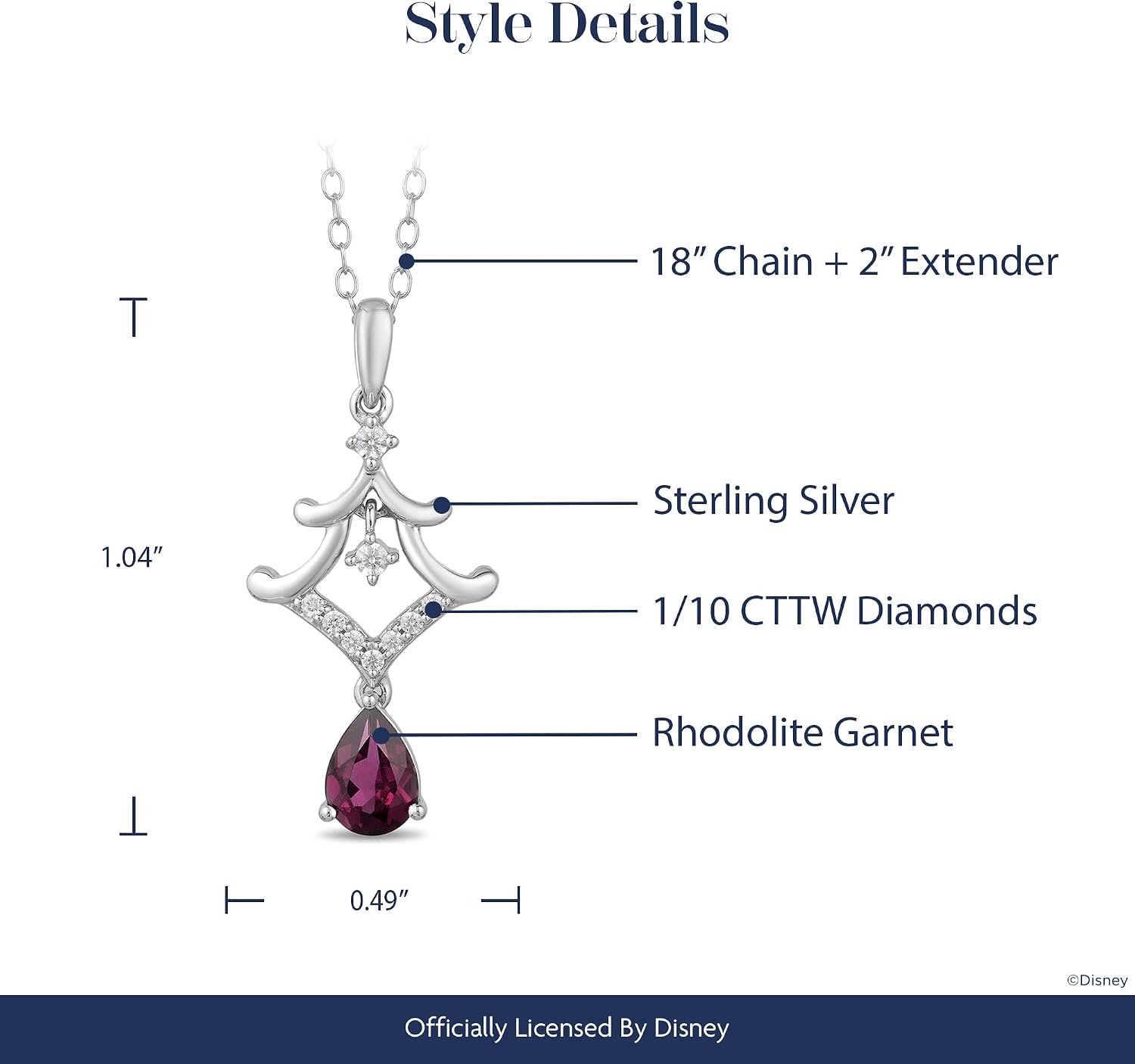 Jewelili Enchanted Disney Fine Jewelry Sterling Silver 7X5 MM Pear Shape Rhodolite Garnet and 1/10 Cttw Natural White Round Diamonds Mulan Pagoda Pendant Necklace